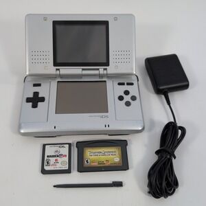 Nintendo DS Original NTR-001 Silver Handheld Console, Charger, Stylus, and Games